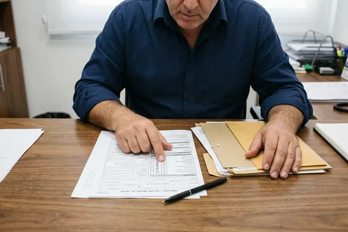 מילוי טופס תביעה לדמי פגיעה של המוסד לביטוח לאומי על שולחן במשרד עורך דין