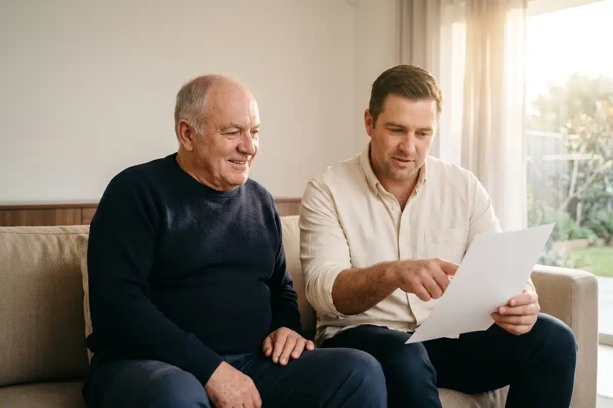 מבוטח מבוגר ובנו קוראים מכתב אישור תשלום מחברת הביטוח