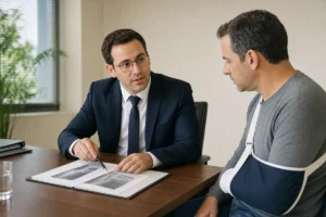 עורך דין נזקי גוף מסביר לנפגע עם יד מקובעת את שלבי התביעה במשרד